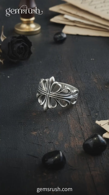 925 Stering Silver Fleur-De-Lis Ring –  Cross Flower Ring , Vintage Openwork Statement Band