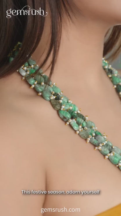 Handcrafted Natural Emerald & Pearl Leaf-Shape 6 Layer Sarafa Necklace – Elegant Green Gemstone Jewelry