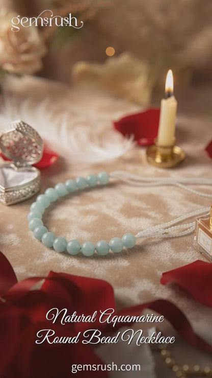 Natural Aquamarine Round Bead Necklace | Elegant Handmade Gemstone Jewelry