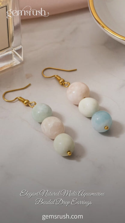 Handmade Multi Aquamarine Gemstone Beaded Earrings – Dangle Drop Earrings with Gold Plated Hooks,