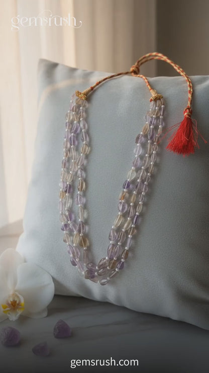 Genuine Natural Ametrine 3-Layer Beaded Sarafa Necklace | Purple & Golden Quartz Healing Crystal Jewelry