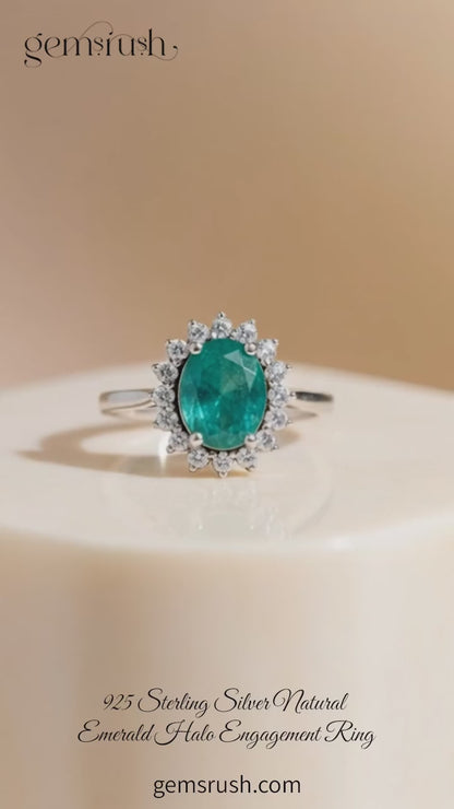 925 Sterling Silver Natural Emerald Halo Engagement Ring – Symbol of Love & Luxury