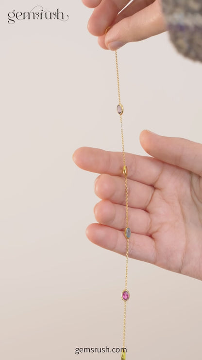 925 Sterling Silver Natural Multi-Stone Chain Necklace – Elegant Gemstone Jewelry