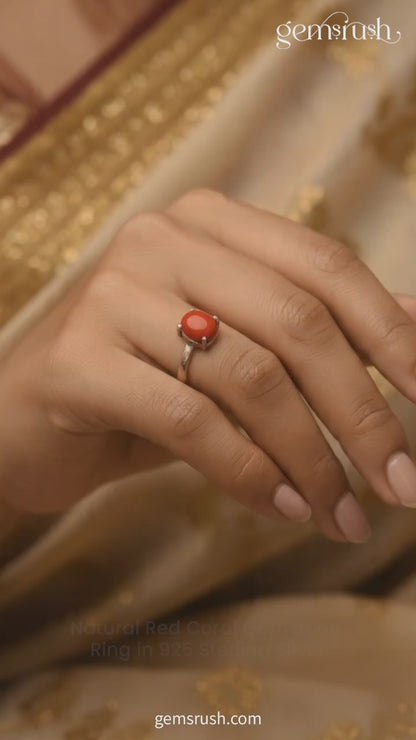 Natural Red Coral Gemstone Ring in 925 Sterling Silver – Bold, Elegant & Protective Jewelry