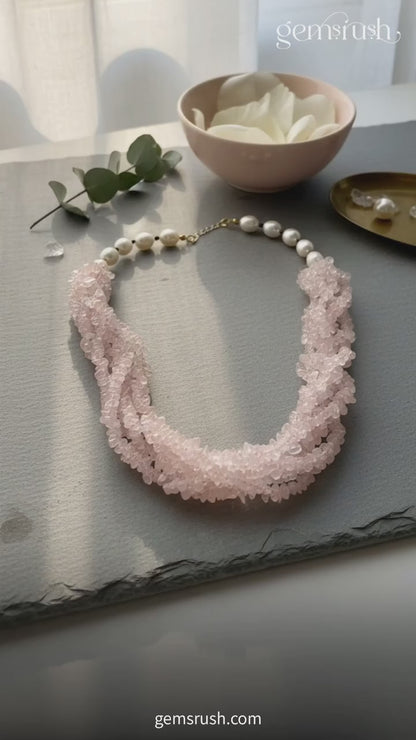 Handmade Rose Quartz, Pearl & Black Spinel Necklace | Natural Crystal Statement Jewelry
