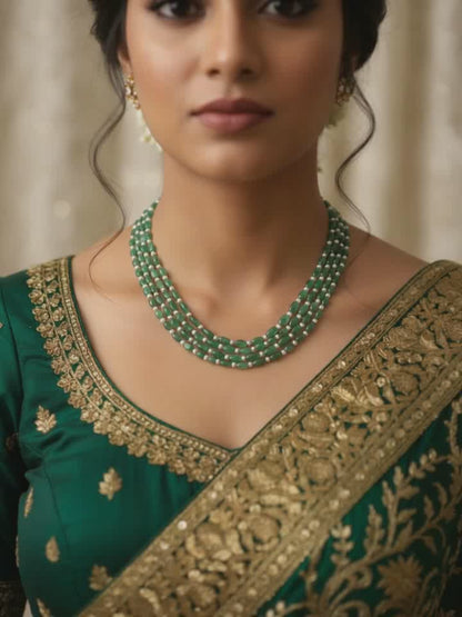 Light Green Emerald & Pearl 4-Layer Sarafa Necklace – Natural Multi-Strand Bridal & Festive Jewelry