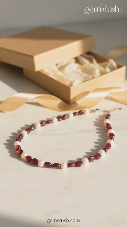 Handcrafted Dark Ruby Quartz & Pearl Necklace – Elegant Gemstone Jewelry for Love, Strength & Serenity