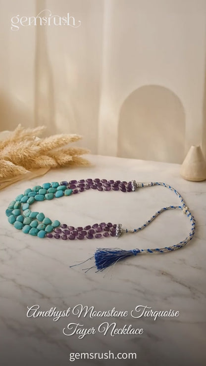 Natural Amethyst, Moonstone & Turquoise 3-Layer Beaded Sarafa Necklace | Handmade Healing Crystal Jewelry for Women