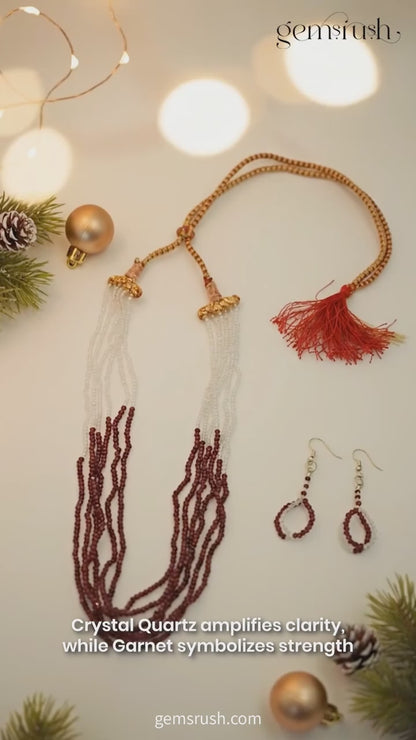 Natural Crystal Quartz & Garnet Beaded Earrings | Handmade Gemstone Drop Earrings for Women
