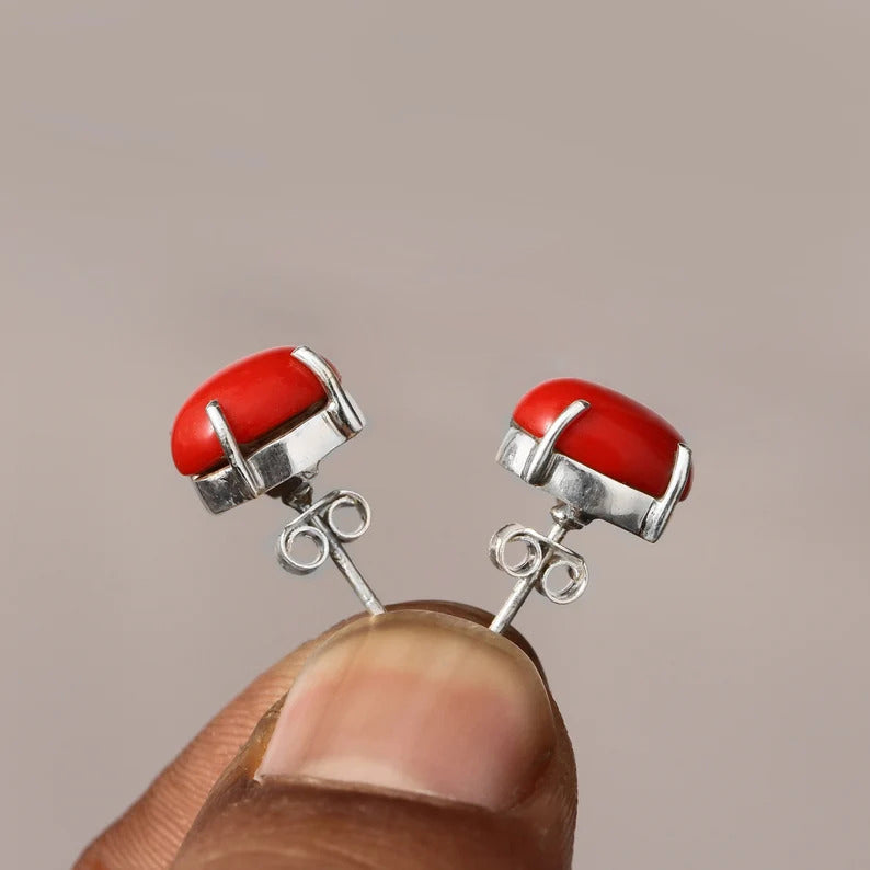 Red Coral 925 Sterling Silver Stud Earring