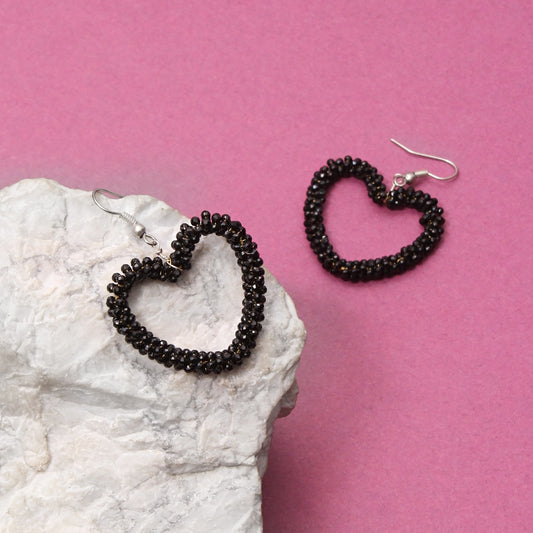 natural black spinel beaded heart shape silver dangle earring