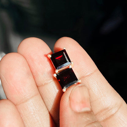 Square Red Garnet Stone 925 Silver Earring