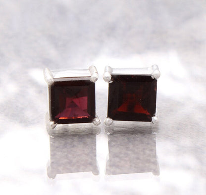 Square Red Garnet Stone 925 Silver Earring