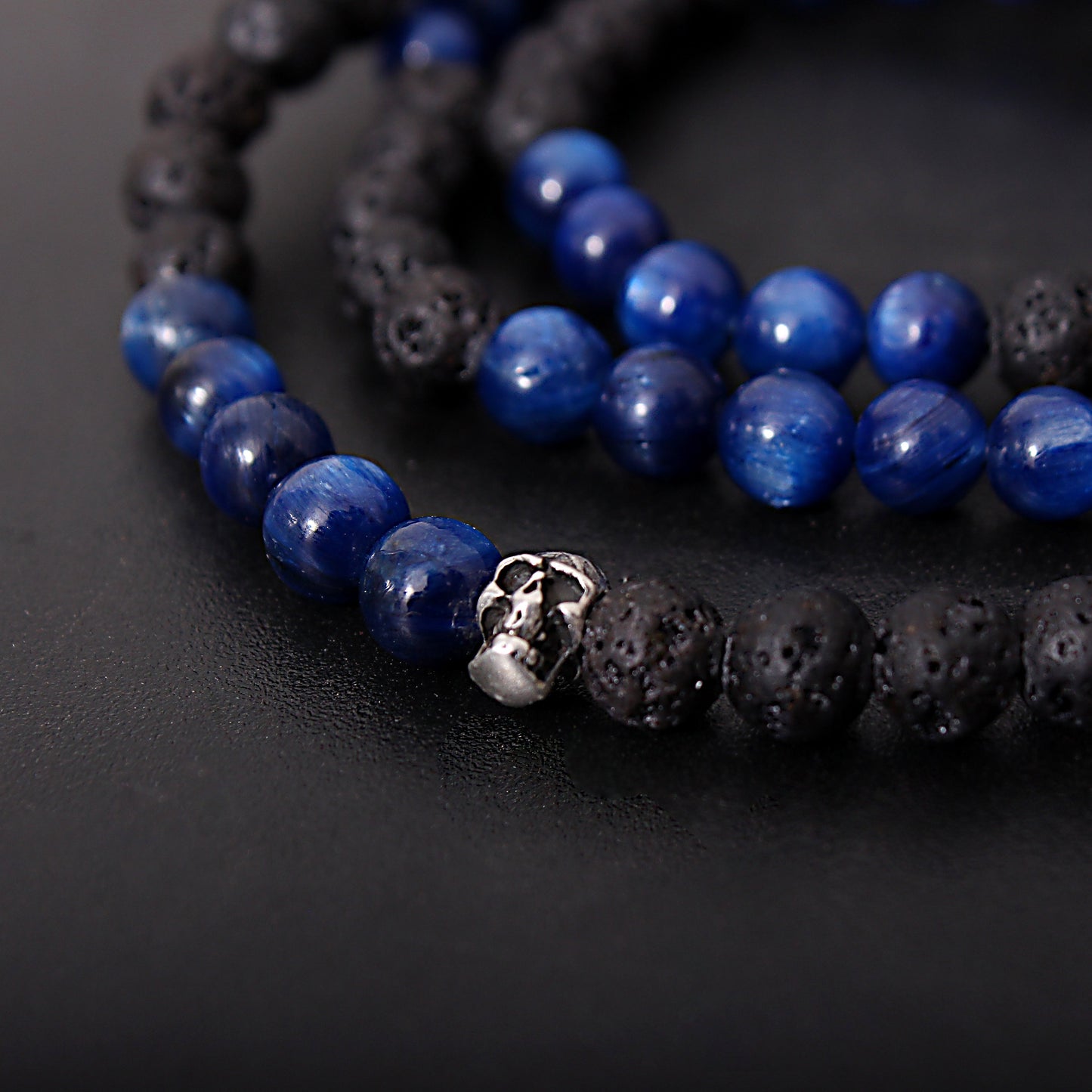 Devil Skull Face Blue Kyanite and Lava Beads Necklace 6-6.5mm, 22 Inch for Men