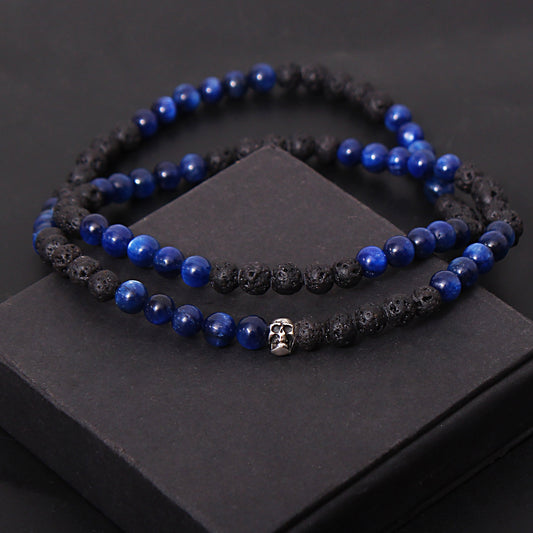 925 Sterling Silver Skull Necklace hand crafted with Blue Kyanite and Black lava beads Necklace