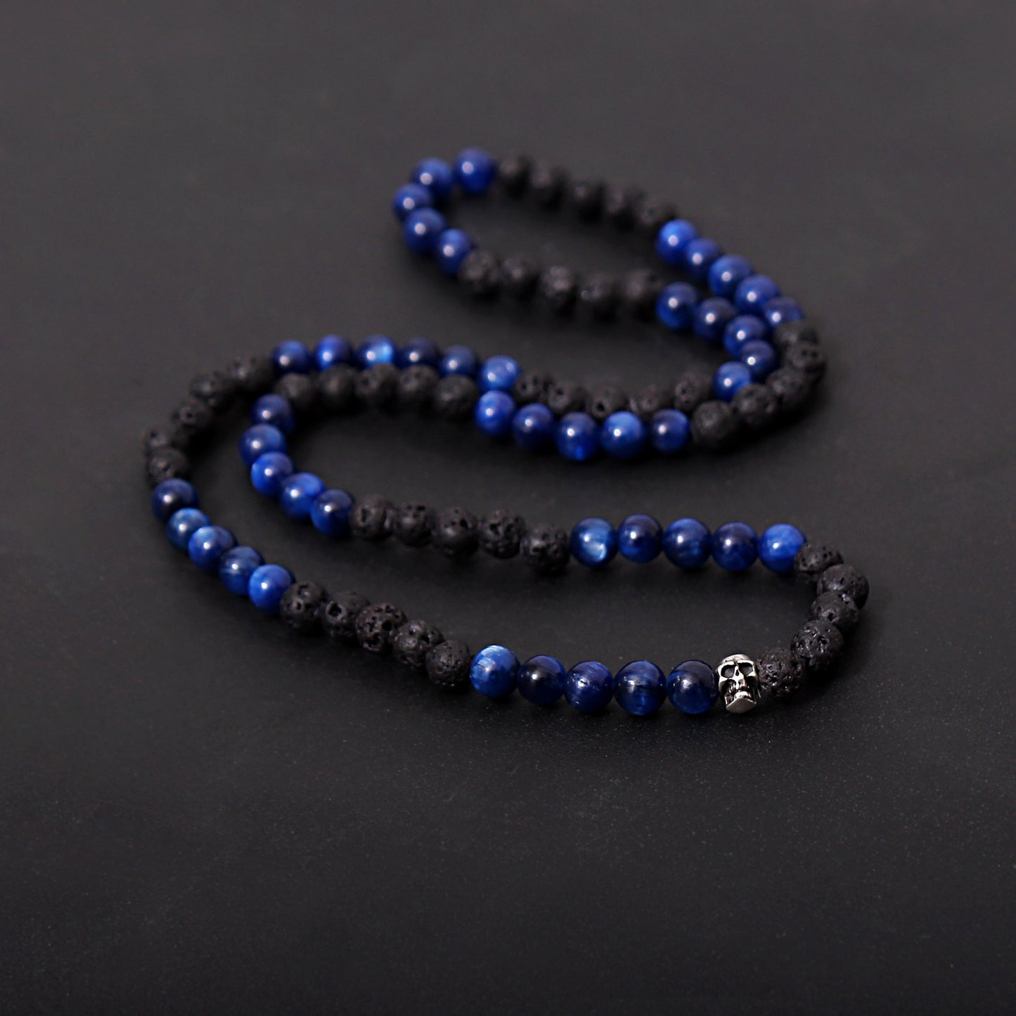 Devil Skull Face Blue Kyanite and Lava Beads Necklace 6-6.5mm, 22 Inch for Men