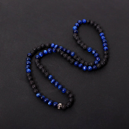 Devil Skull Face Blue Kyanite and Lava Beads Necklace 6-6.5mm, 22 Inch for Men