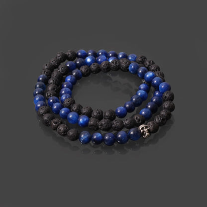 Devil Skull Face Blue Kyanite and Lava Beads Necklace 6-6.5mm, 22 Inch for Men