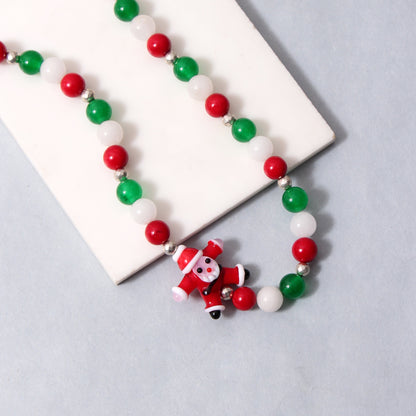 Gemstone Necklace and Bracelet with Cute Santa Charm, Santa Jewelry Set