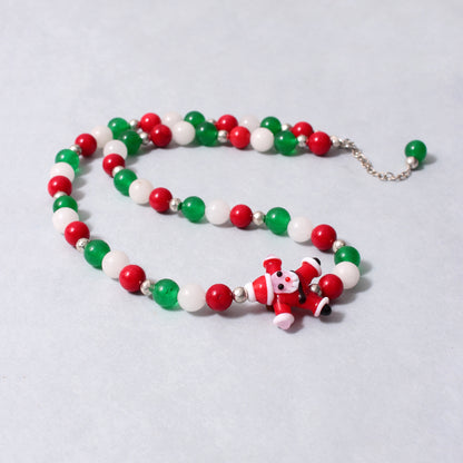 Gemstone Necklace and Bracelet with Cute Santa Charm, Santa Jewelry Set