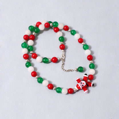 Gemstone Necklace and Bracelet with Cute Santa Charm, Santa Jewelry Set