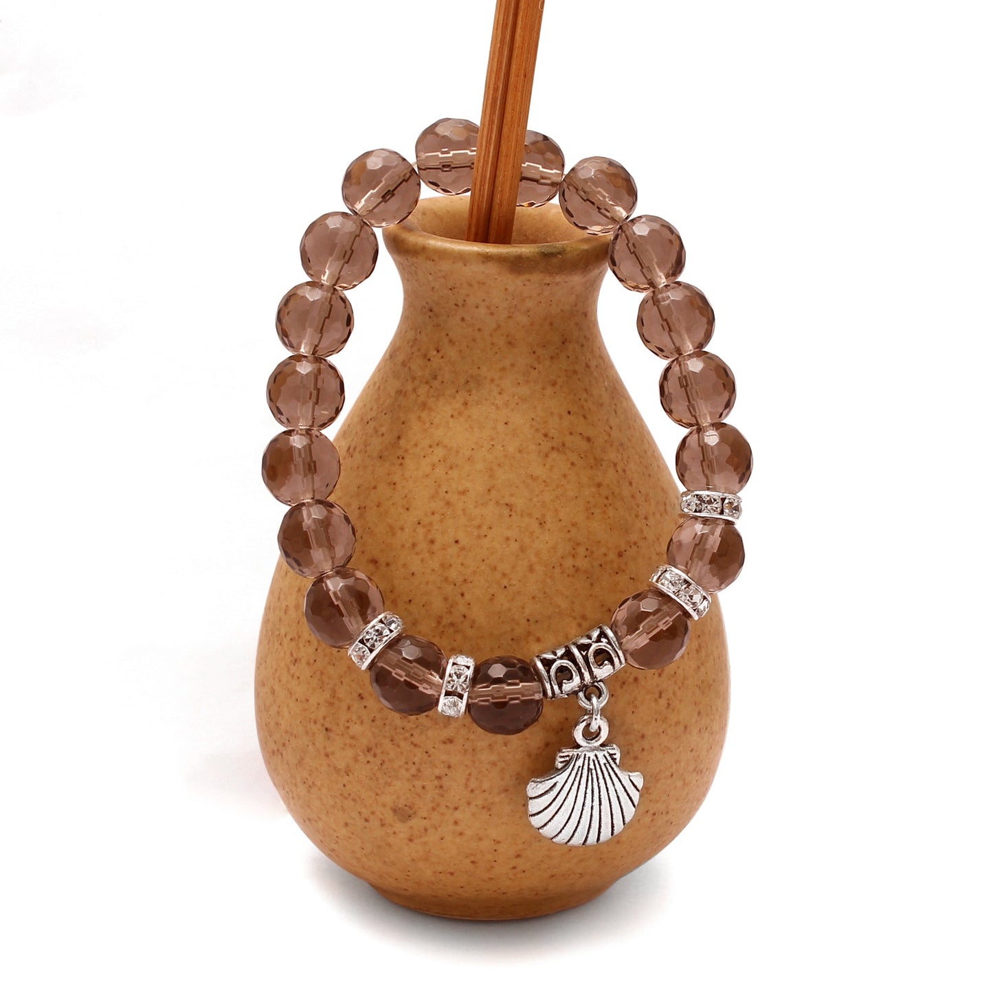 Trendy Smoky Quartz Beaded Bracelet With Shell Charm