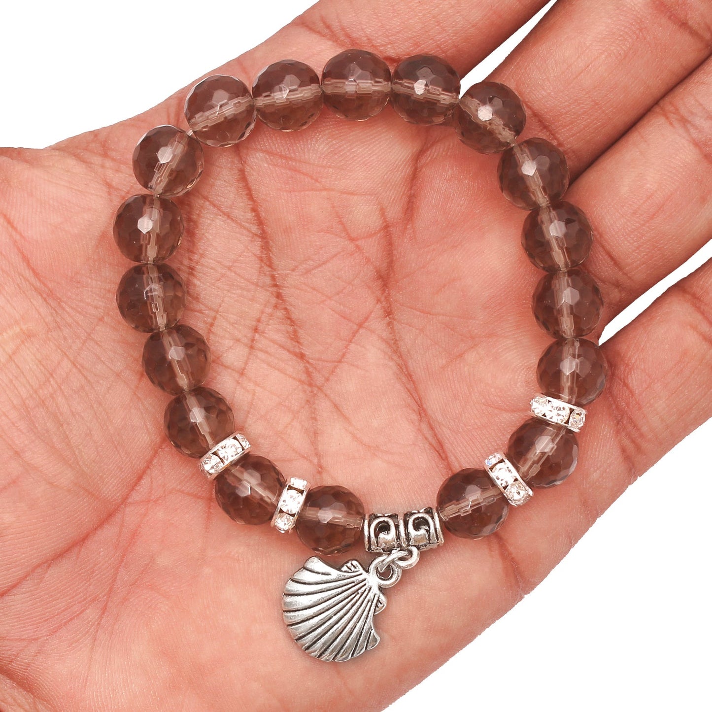 Trendy Smoky Quartz Beaded Bracelet With Shell Charm