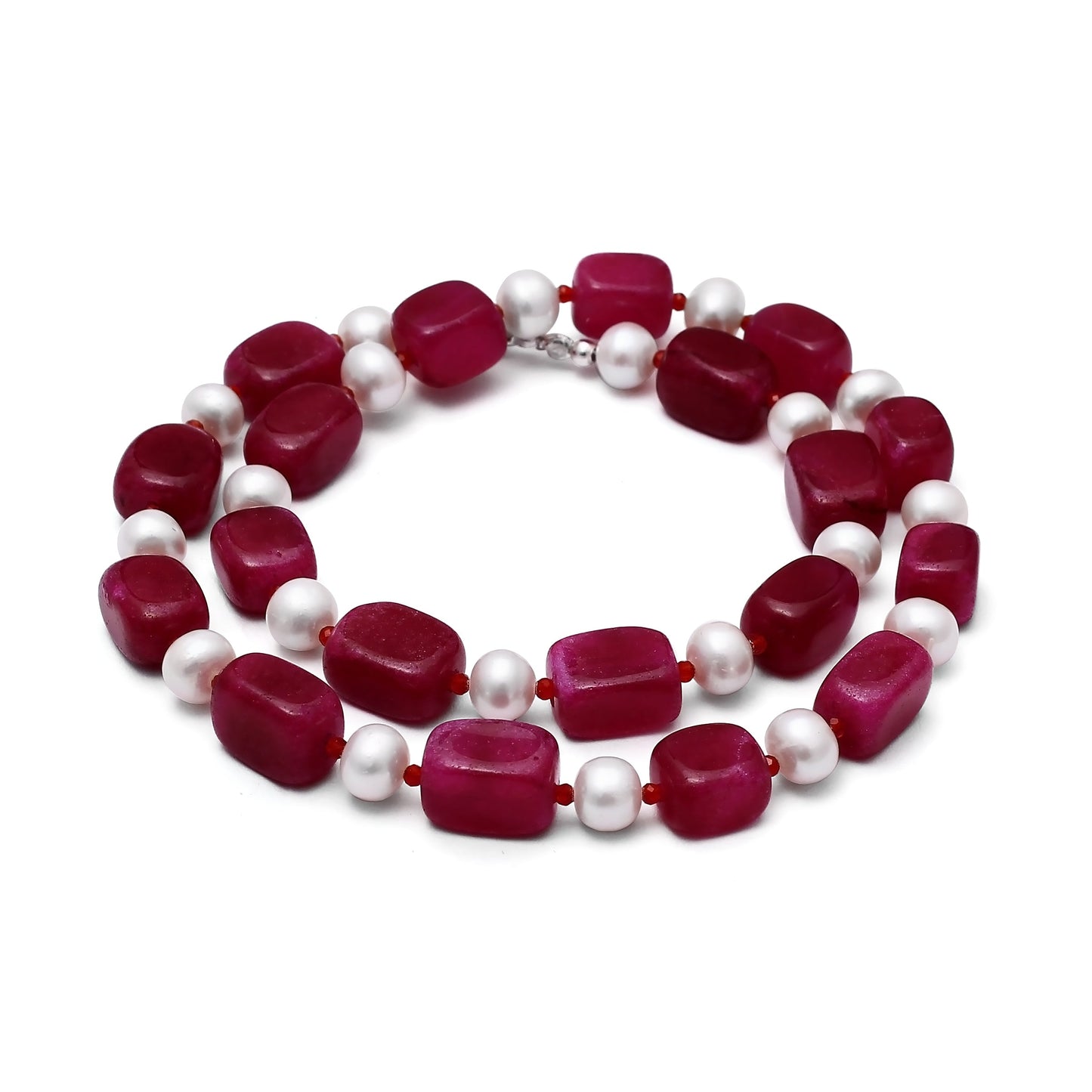 Ruby Quartz Bricks and Pearls Handcrafted Necklace with 925 Sterling Silver Chain