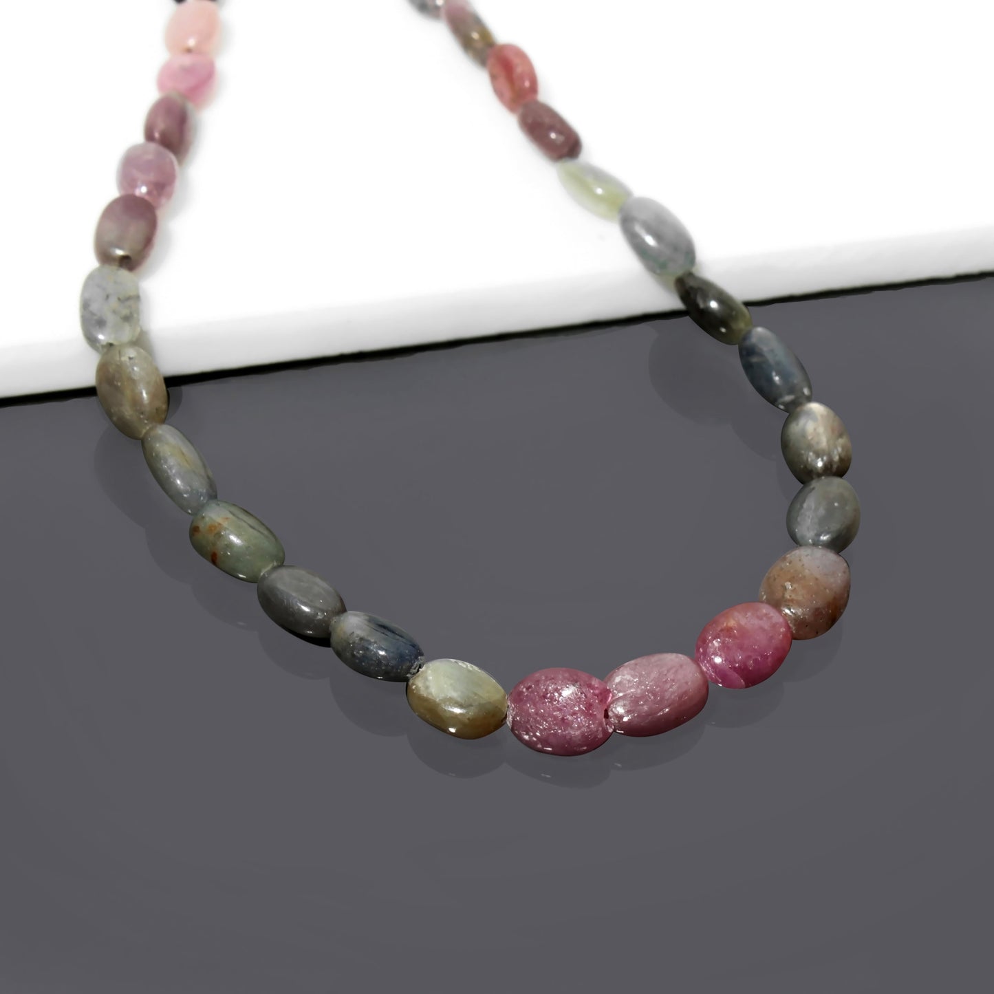 Multi Sapphire Oval Beaded Necklace with Silver Lobster Lock-Dazzling Delight