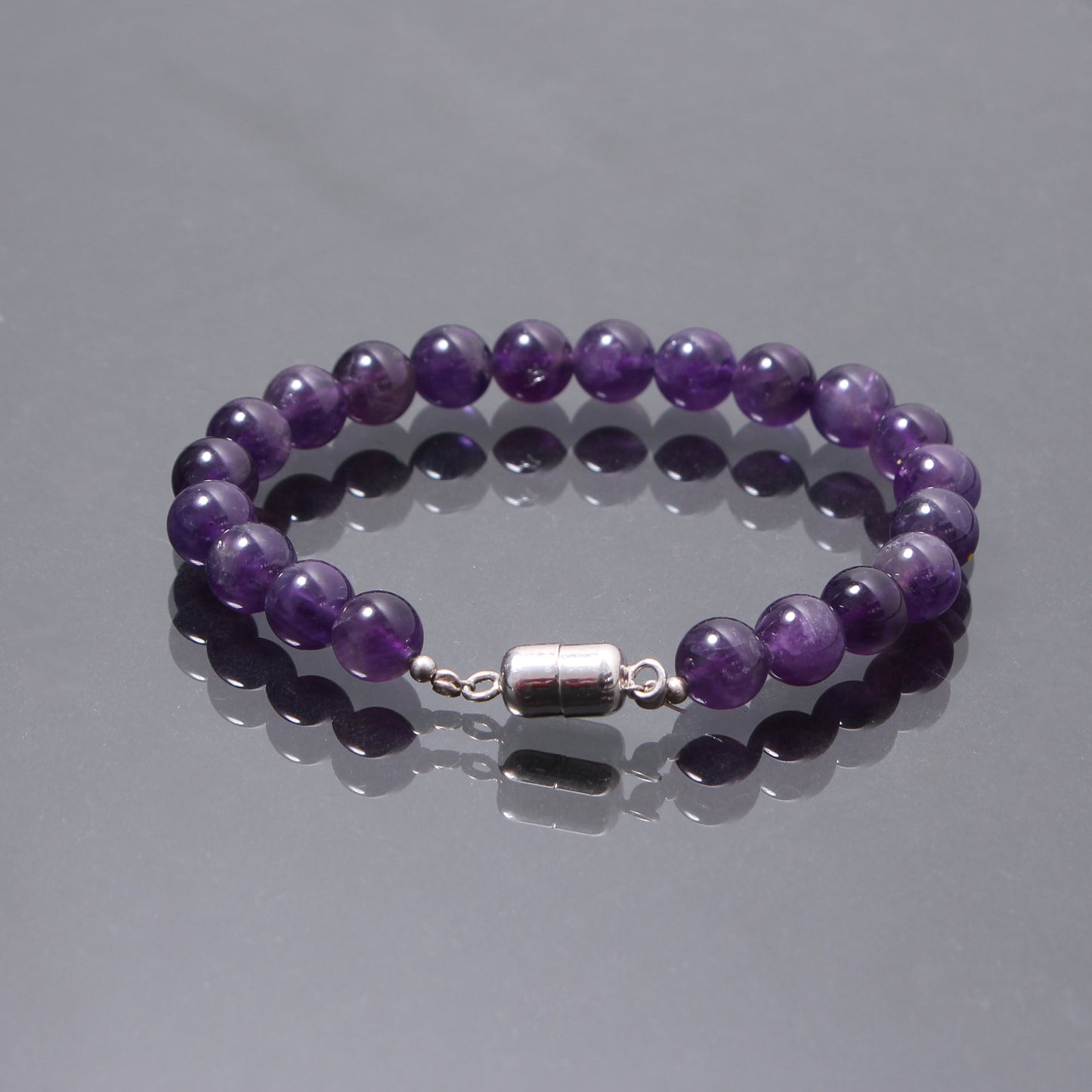 Silver Magnetic Lock amethyst round beaded bracelet