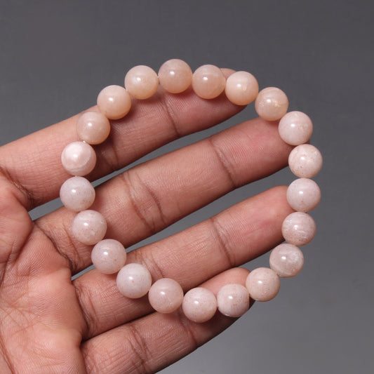 Peach Moonstone 10mm Beaded Gemstone Bracelet 8 Inch with Silver Lock