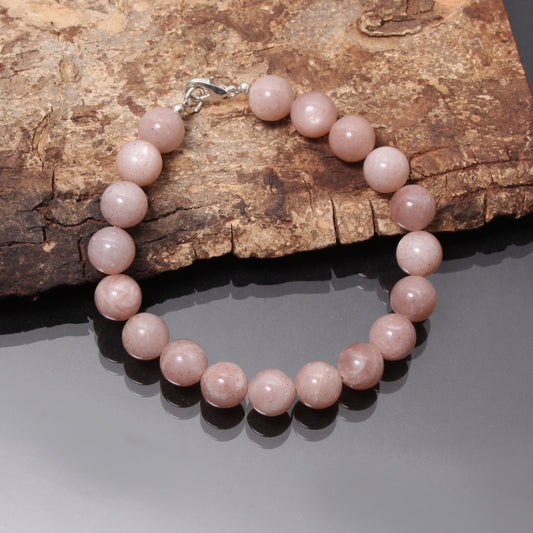 Natural Peach Moonstone Bracelet | 10mm Round Beaded 8 Inch Bracelet - Silver Lock