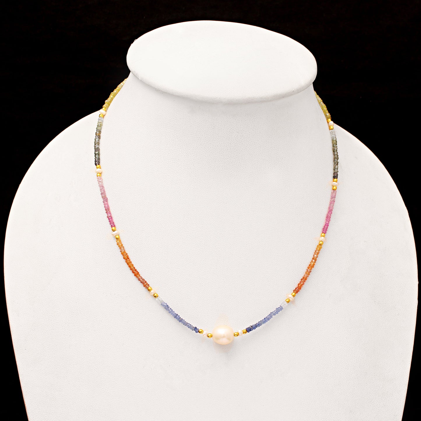 Multi Sapphire Beaded Necklace with Single Pearl in center