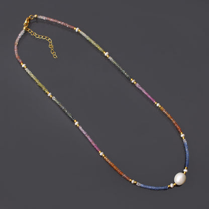 High Quality Multi Sapphire and Pearl Bead Necklace with Gold Plated Silver Clasp