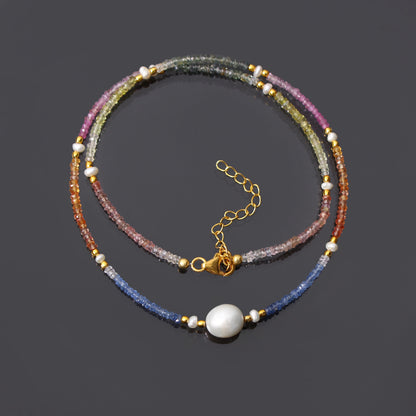 High Quality Multi Sapphire and Pearl Bead Necklace with Gold Plated Silver Clasp