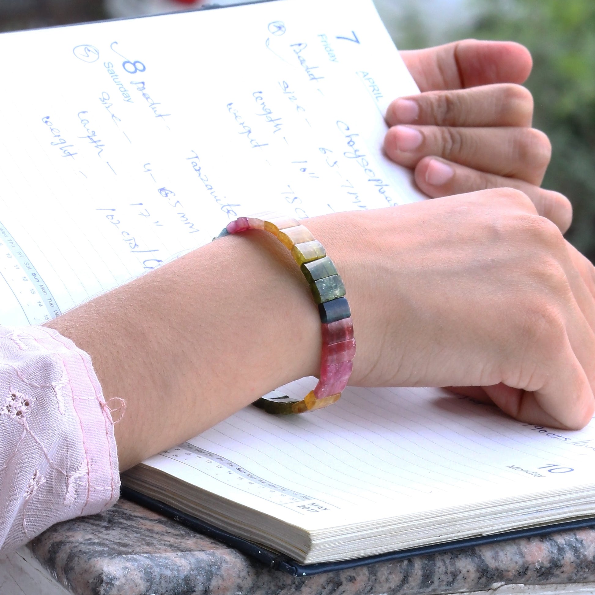 natural multi tourmaline beaded bracelet on hand looks beautiful