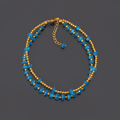 Blue Apatite and Golden Ball Double Layer Golden Chain Bracelet Lobster Clasp