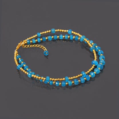 Blue Apatite and Golden Ball Double Layer Golden Chain Bracelet Lobster Clasp