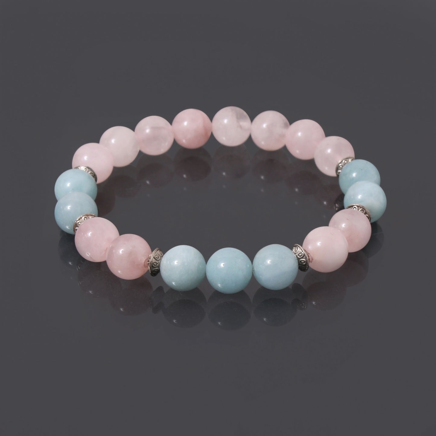 Aquamarine and Rose Quartz Gemstone Round Ball Bracelet - Beautiful Stretchable Bracelet