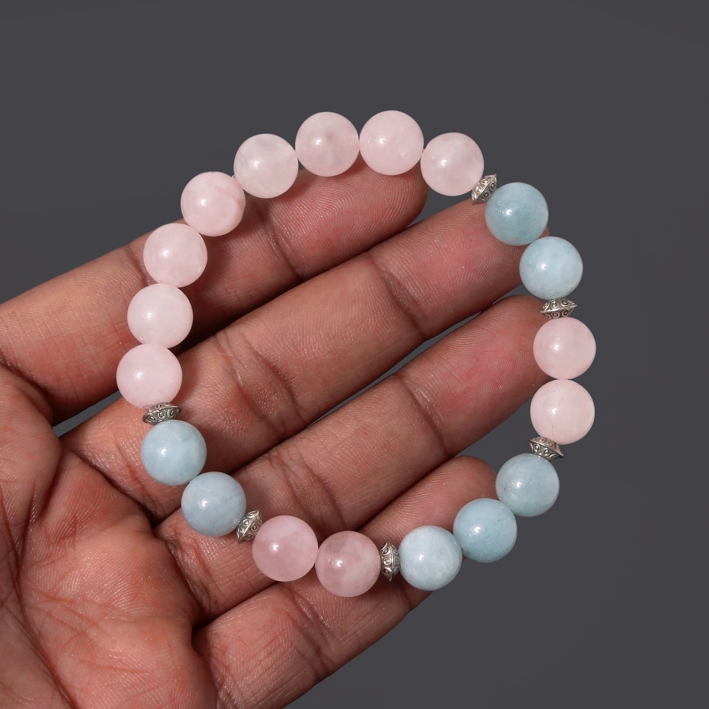 Aquamarine and Rose Quartz Gemstone Round Ball Bracelet - Beautiful Stretchable Bracelet