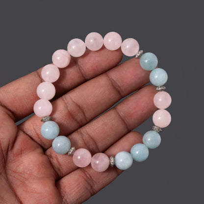 Aquamarine and Rose Quartz Gemstone Round Ball Bracelet - Beautiful Stretchable Bracelet