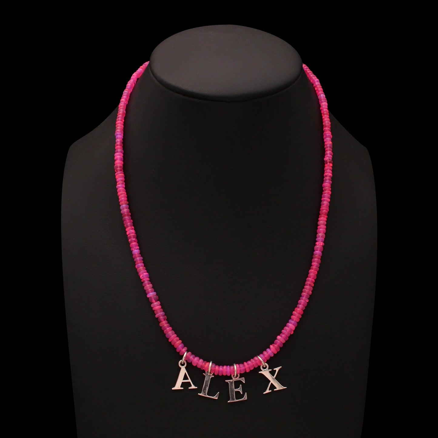 Pink Ethiopian Opal Personalized ALEX Necklace with SIlver Alphabet Charm