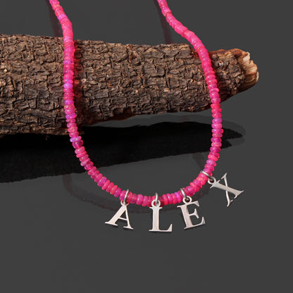 Pink Ethiopian Opal Personalized ALEX Necklace with SIlver Alphabet Charm