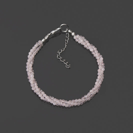 rose quartz tiny round smooth beads triple layer bracelet with 925 sterling silver lobster lock and extension chain