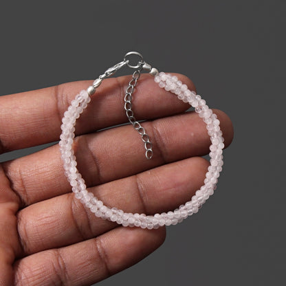 Rose Quartz Beaded Triple Layer Bracelet Silver Lock