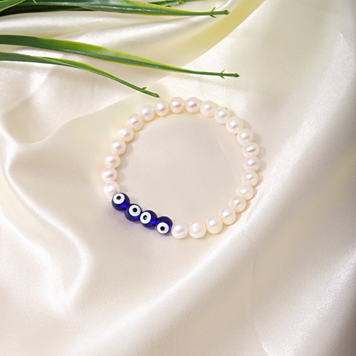 Pearl and Evil Eye Stretchable Bracelet for Her