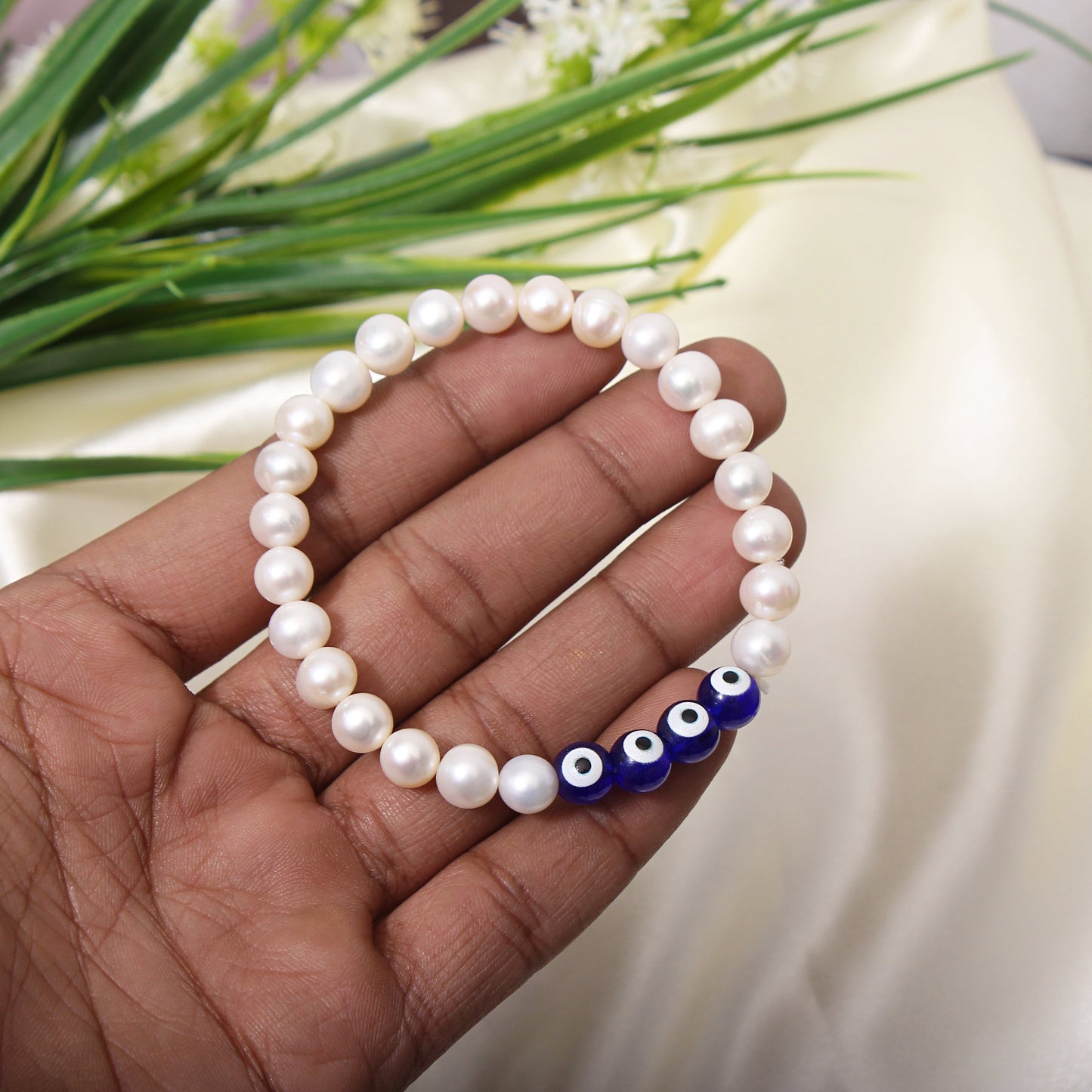 Pearl and Evil Eye Stretchable Bracelet for Her