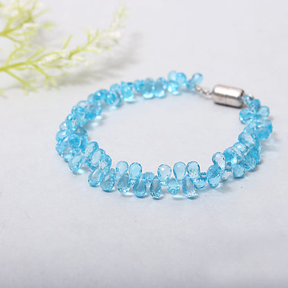 Natural Swiss Blue Topaz Drop Beaded Bracelet Secure with Magnetic Lock