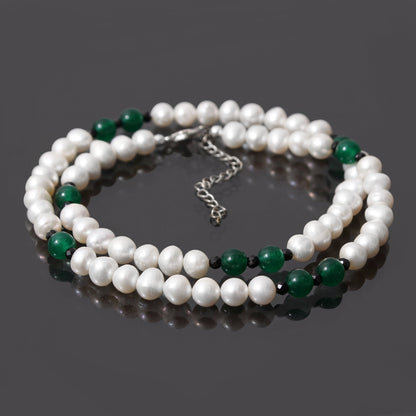 Beautiful Pearl And Aventurine Gemstone Round And Rondelle Beads Necklace 18 Inch GemsRush