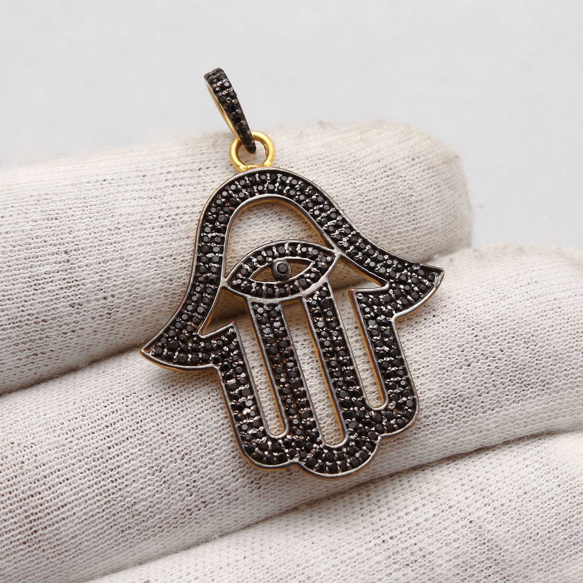 Black Spinel Hamsa With Evil Eye Silver ( Oxidized ) pePendant, GemsRush